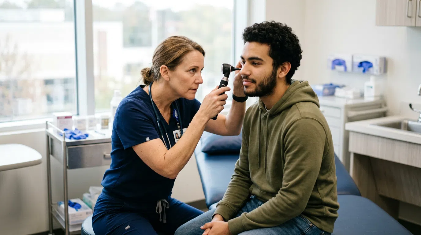 Urgent care provider examining a patient's ear A clinician using an otoscope to examine a seated patient's ear in an urgent care exam room