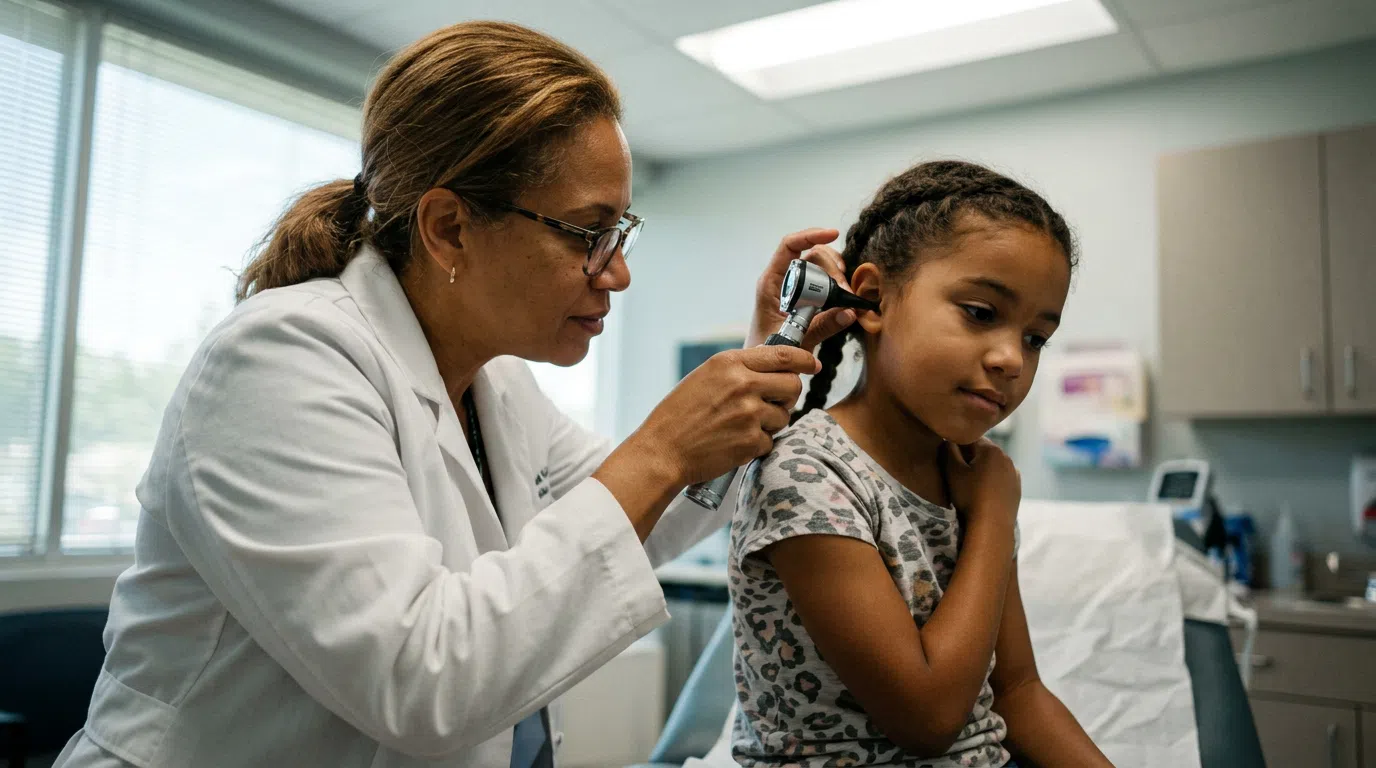 Provider examining a patient's ear at an urgent care clinic A clinician using an otoscope to examine a seated young patient's ear in an exam room