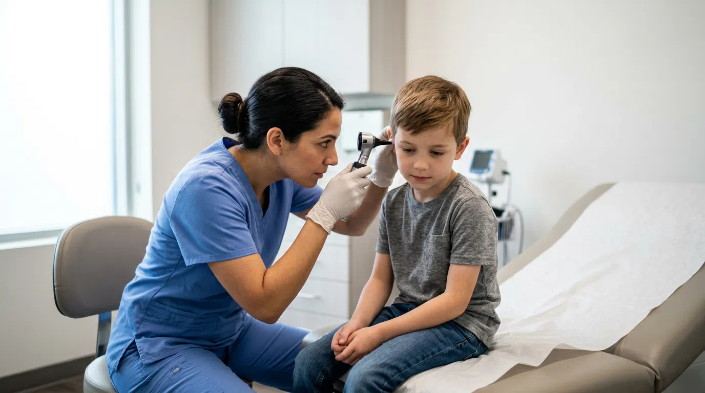 Provider examining a patient's ear at urgent care A clinician using an otoscope to examine a seated young patient's ear in an urgent care exam room