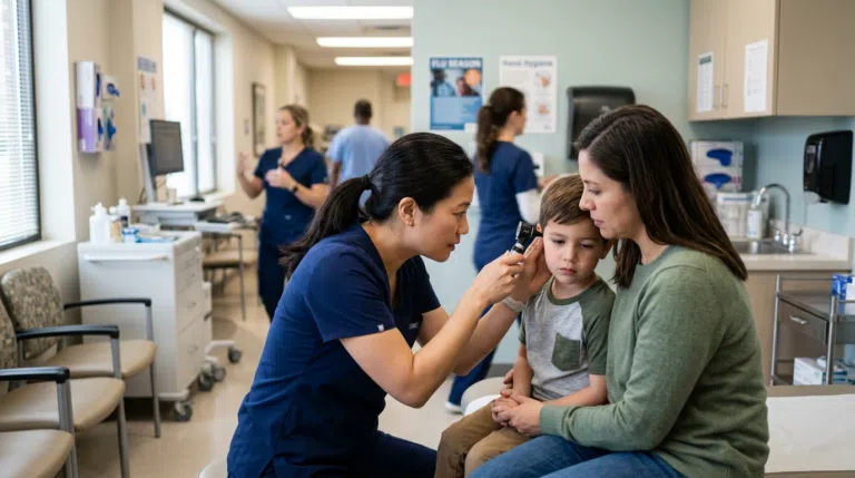 Clinician examines a patient's ear with an otoscope during a same-day urgent care for ear infection visit.